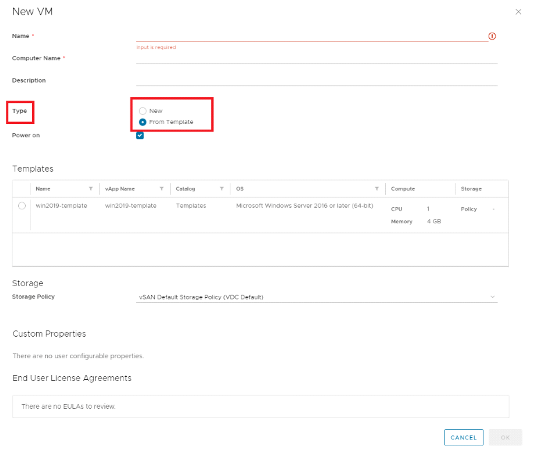 vCloud new VM creation