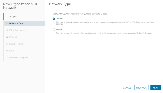 vCloud tinklas network type